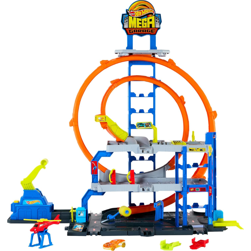Pista Hot Wheels Mega Loop Garage Con Carro Y Helicóptero