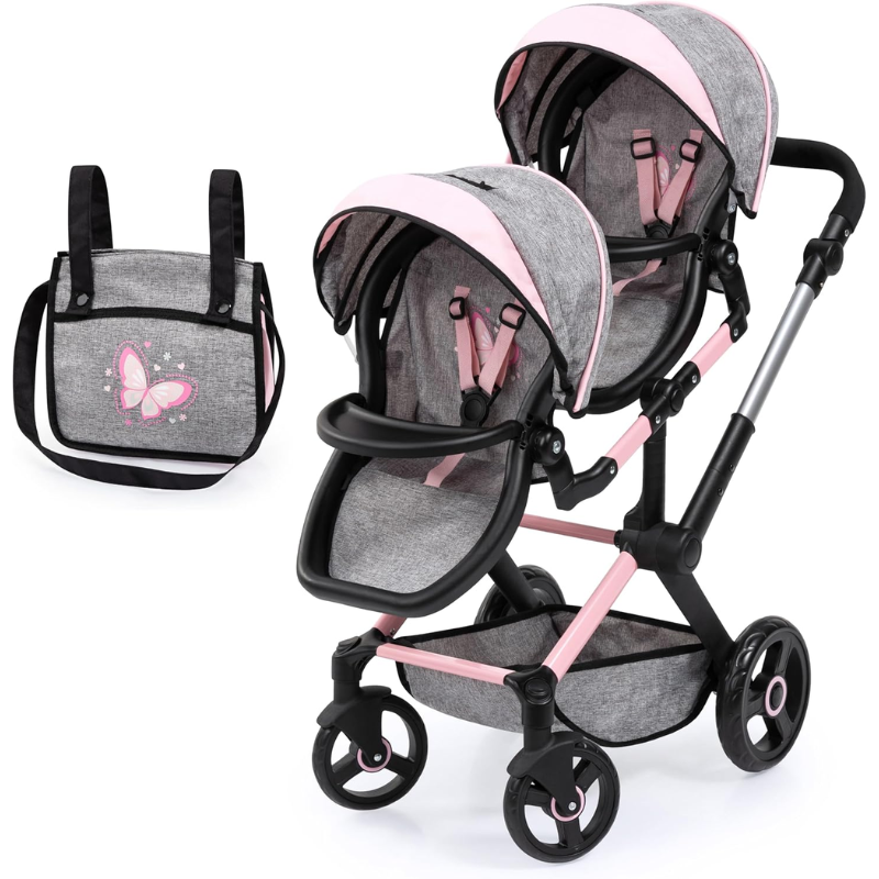 Coche Doble Para Muñecas Reborn Con Bolso Gris