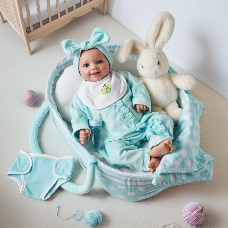 Cuna Cargador De Tela Para Muñecas Reborn Con Accesorios Verde agua - Imagen 3